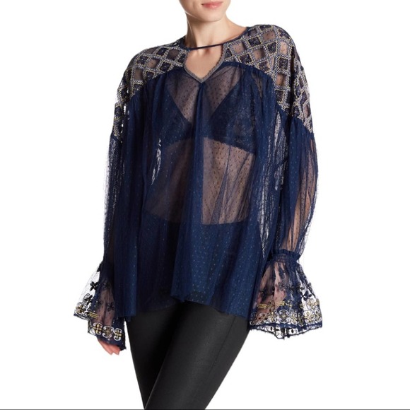Free People Joyride Navy Blue Sheer Bell Sleeve Blouse Small - Picture 1 of 12